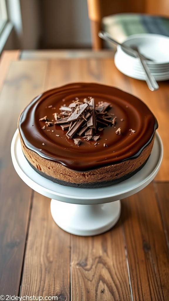 A decadent 9-inch chocolate cheesecake topped with ganache and chocolate shavings on a cake stand.